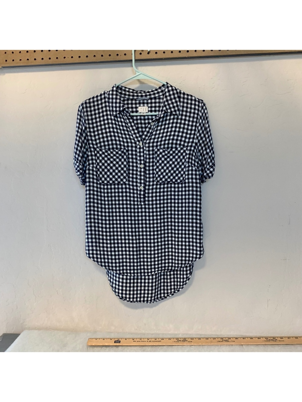 a.n.a Navy White Gingham Button Front Blouse Size M